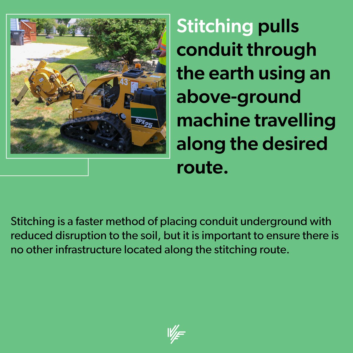 Valley Fiber's network is entirely underground, and there are multiple methods that we can use to bring our dedicated fiber internet to your home or business. The main two methods: Directional Drilling and Stitching. Take a look at the images below to learn more!