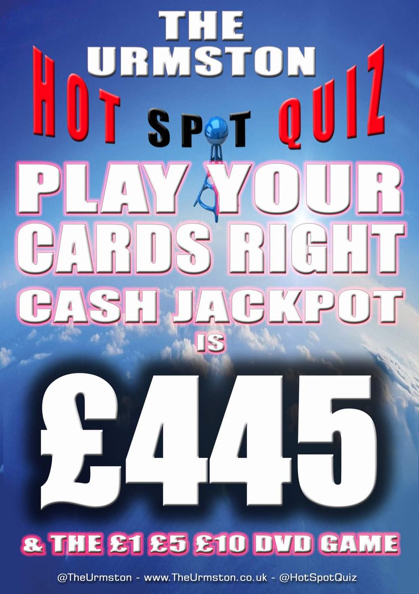 HotSpotQuiz's tweet image. THURSDAY is @TheUrmston @HotSpotQuiz from @HSQAcademy Pwd by @SpeedQuizzing
With more #Conundrums &amp;amp; #Dingbats
STARTS at 8pm
#UrmstonQuiz #PubQuiz #SpeedQuizzing #PYCR
The Play Your Cards Right Jackpot is £445 ♥️♠️♦️♣️
Endorsed by
👉 @YourUrmston 🔄
👉 @TransamTv 📡
#hotspotquiz