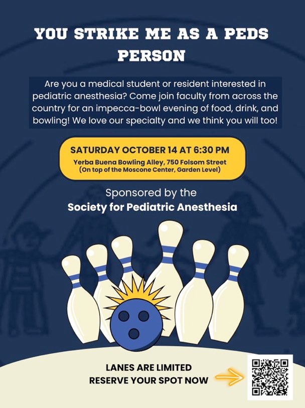 Allow us to bowl you over when you attend SPA’s 37th Annual Meeting, October 13 in San Francisco, CA! Reserve your spot now. Lanes are limited. @ASALifeline @PAPDA_Social @HopkinsACCM @PittAnes nursingjhu.qualtrics.com/jfe/form/SV_6y… #PedsAnes #Anesthesiology