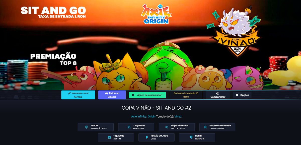 VinaoGames's tweet photo. Salve Jovens!

Acabei de lançar a segunda Edição da COPA VINÃO - SIT AND GO.

Então corre que serão só 16 inscritos, todas as informações estão no site da Community Gaming. Durante a Live vou tirar todas as suas dúvidas.

#AxieCreator #RoninCreator https://t.co/cxqlfO7HNl