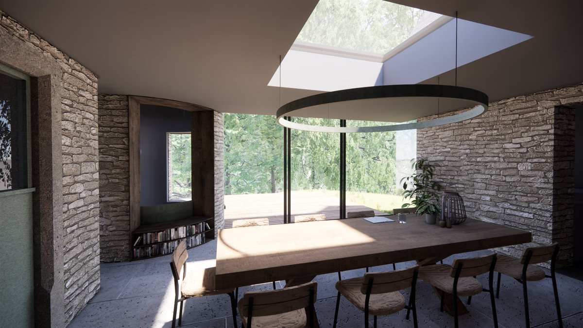 A contemporary extension to provide a meditative refuge. Crafted from Cotswold Stone, Copper &amp;!Yakisugi (burnt) timber. 

Breaking ground in Summer 2023.

#sketchup #enscape #cotswolds