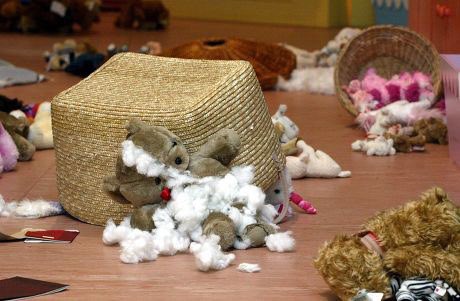 dog_rates's tweet photo. One fateful night, Barney and his security guard human, Greg, were on duty guarding the teddy bears. Greg was admiring one in particular, saying what a nice little bear it was, when Barney went on a rampage. In a mere 10 minutes, Barney shredded 100 teddy bears https://t.co/zf8Axbus3Y