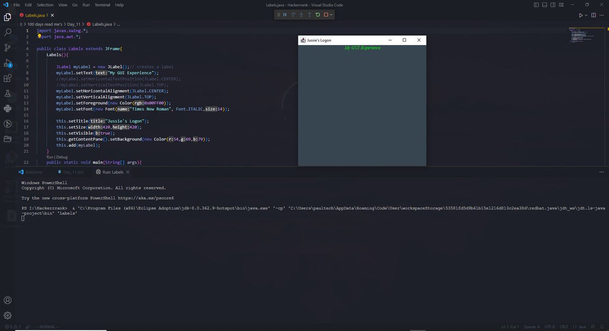 _cooder's tweet image. #Day_11 of #100DaysOfCode: Still on GUI programming. My Java book was so complicated had to take a short YouTube tutorial on JLabels and JFrame to clearly grasp the concepts. Wrote a code, not much, something to show I got the concept. @alx_africa and #Hackerank got me busy too.