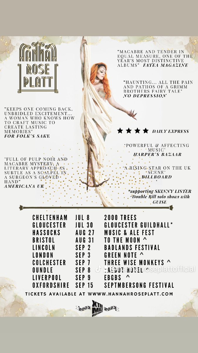 Hear ye, all you Mermaids, Sailors. Gentlemen, Wendigos, Warlocks, Witchfolk and lovers of a good dark story (even in the summer months!)

Summer dates announced! 👻 🧜‍♀️ 🎸😘

A mix of full band &amp; solo shows, details and tickets available on my site 
hannahroseplatt.com/#live