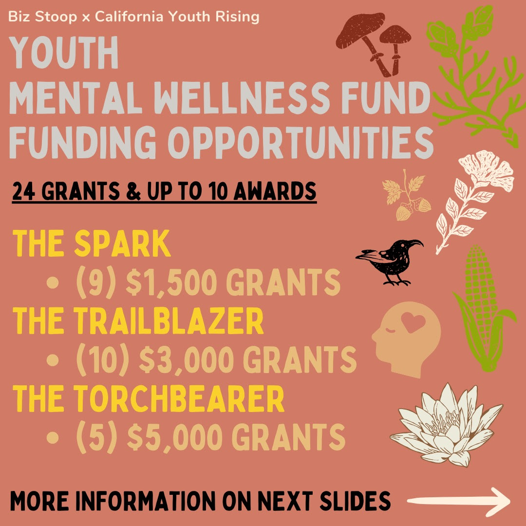 The BizStoop x CAYR Network has officially launched the fund to support youth mental wellness projects in California! Learn more about the Seed Grant opportunities and submit your applications by July 15th 2023, 11:59 PM PT. docs.google.com/forms/d/e/1FAI…