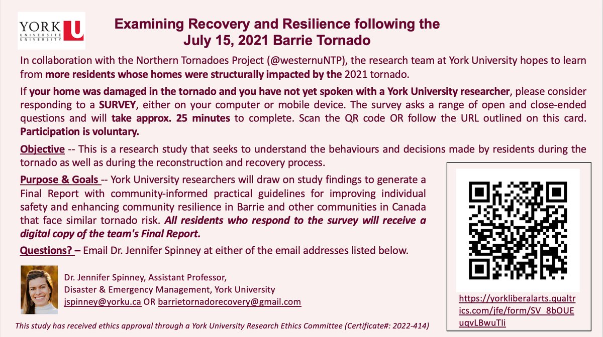 Northern Tornadoes Project 🇨🇦 (@westernuntp) on Twitter photo In collaboration with NTP, Dr. Jen Spinney (<a href="/jspinney19/">jennifer spinney</a>) and her research team at YorkU are launching a survey for residents of Barrie, ON whose homes were structurally impacted by the July 15, 2021 EF2 tornado. Dr. Spinney’s research study aims to understand behaviours and In collaboration with NTP, Dr. Jen Spinney (<a href="/jspinney19/">jennifer spinney</a>) and her research team at YorkU are launching a survey for residents of Barrie, ON whose homes were structurally impacted by the July 15, 2021 EF2 tornado. Dr. Spinney’s research study aims to understand behaviours and