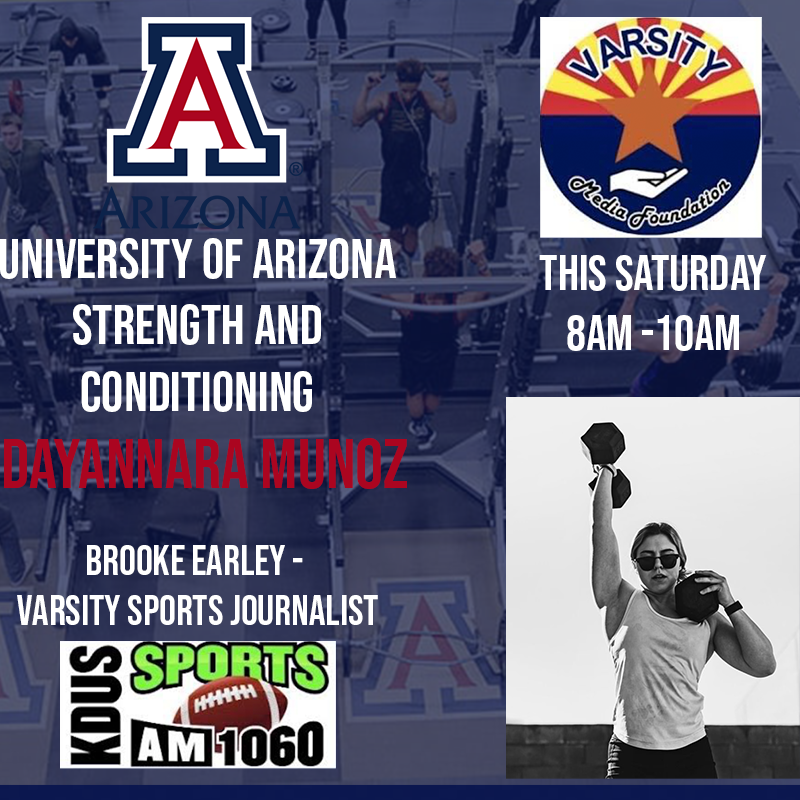 b_sodell's tweet photo. This Saturday morning on the @VarsityShow, @BrookeEarley2 has an interview with one of the @uarizona strength and conditioning coaches, Dayannara Munoz! 

Be sure to listen live from 8AM-10AM on @KDUSAM1060 or online at https://t.co/vgmpMIlcYd

@AZATHLETICS https://t.co/XHDl0jkwX9