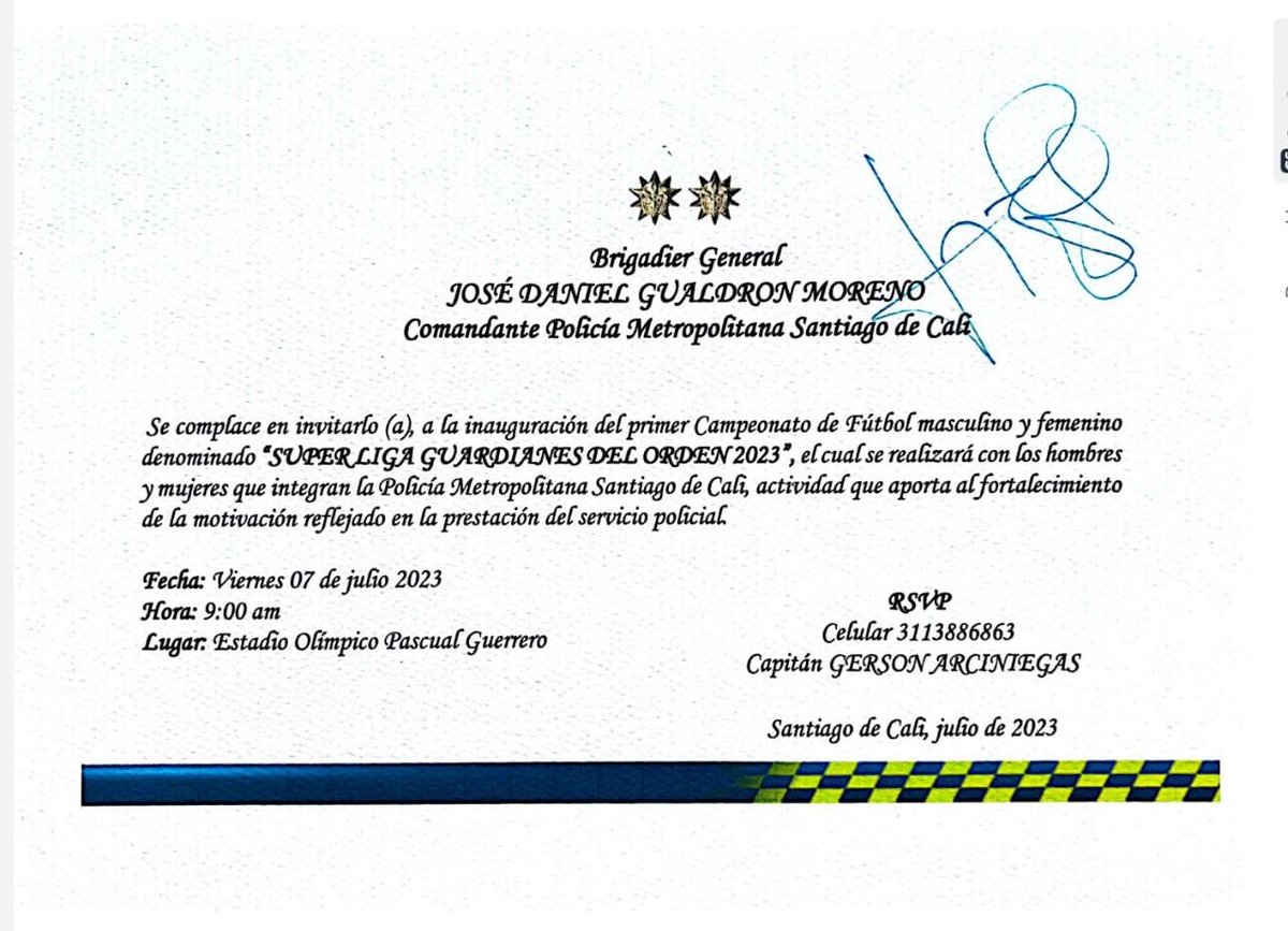 ApoyoCivil's tweet photo. El comandante de la @PoliciaCali, invita a la comunidad a disfrutar de este maravilloso encuentro deportivo junto a la familia policial. ¡Te esperamos! #Cali https://t.co/Q6mLWTPSyI