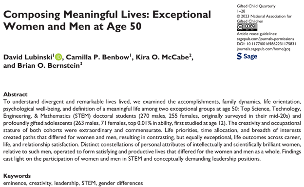 New SMPY paper online at Gifted Child Quarterly! These are the main age 50 survey findings of 2 exceptional cohorts--top STEM doctoral students and profoundly gifted adolescents (top .01% of ability). We also used benchmarks of older cohorts presented Lubinski et al. (2014). 1/2