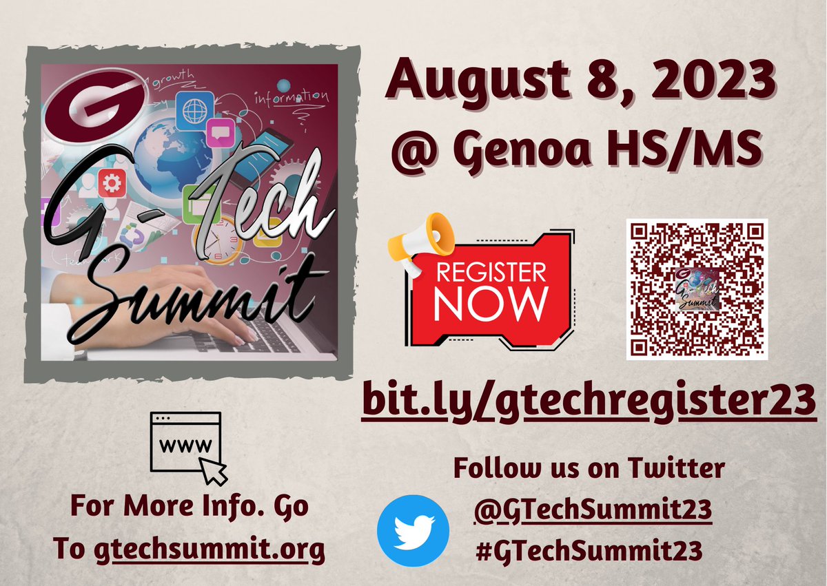 REGISTER NOW! Join us for the 2023
@GTechSummit23 on August 8! Come to collaborate, share, and learn with some fabulous attendees and presenters! Lunch included! bit.ly/gtechregister23 #GTechSummit23 #NPWinning2223 <a href="/NorthPointESC/">North Point Educational Service Center</a>