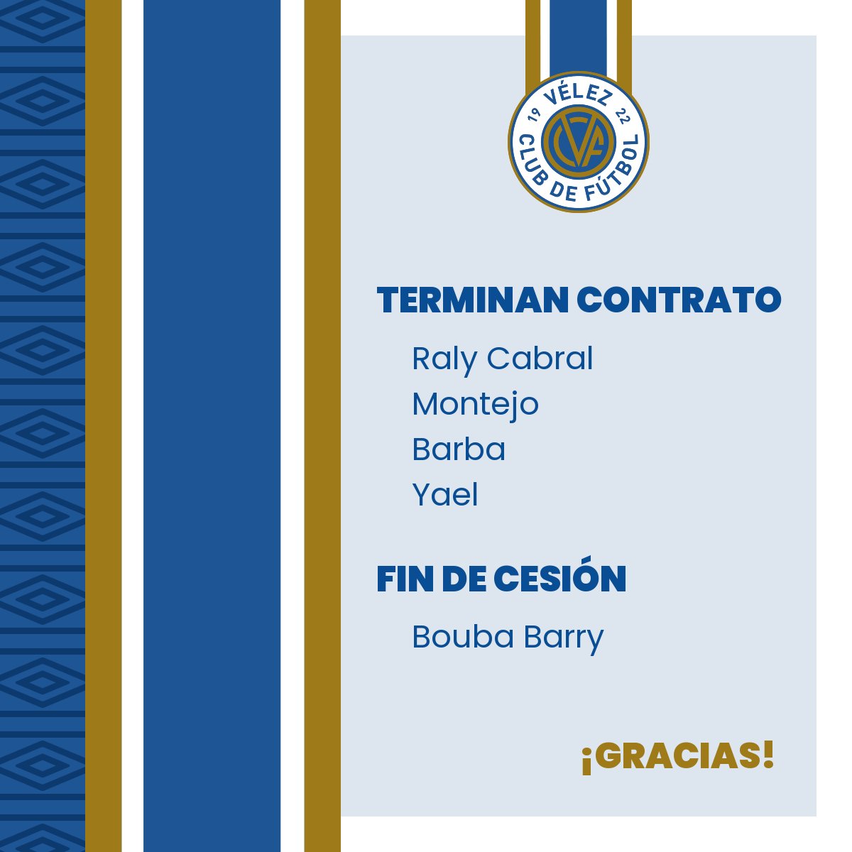 OFICIAL 👔  El Vélez C.F. comunica que los siguientes jugadores no seguirán en la entidad veleña:

📃 Fin de contrato:
Raly Cabral
Montejo
Barba
Yael

↩️ Fin de cesión:
Bouba Barry

¡Gracias a todos! Suerte y éxito en vuestro futuro personal y deportivo.

#VamosVelez
🔵⚪🔵⚪🔵