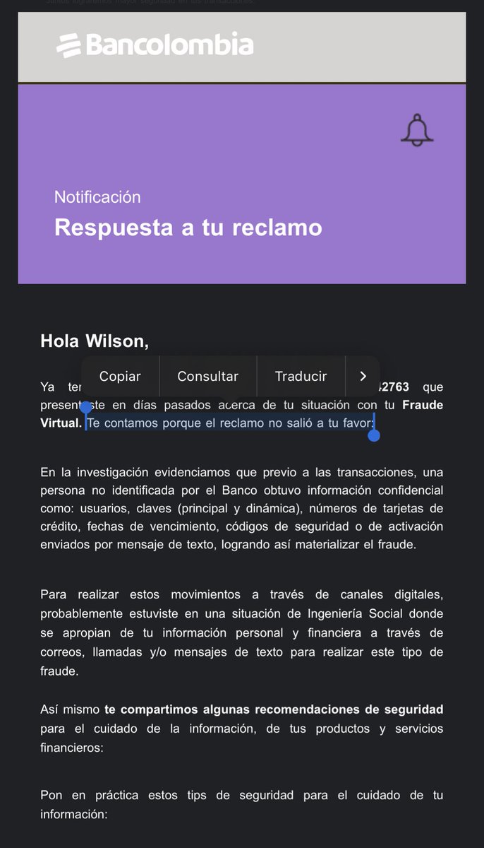 wilsonfparada's tweet photo. @Bancolombia son cómplices de fraude por internet? Como es posible que avisándoles en tiempo real que estoy siendo victims de fraude y que desocuparon  mi cuenta bancaria y tarjetas de crédito… ustedes se atreven solo a dar esta respuesta?
(Sigue…)
@SFCsupervisor @FiscaliaCol https://t.co/4NDbzglLoC