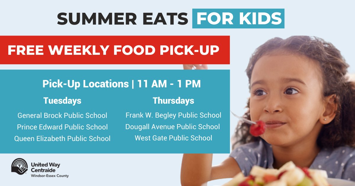 Calling all parents and caregivers! 📣We're excited to announce our Summer Eats for Kids program starts next week! 🍉

📅 Every Tuesday &amp; Thursday, we're offering FREE food pickups in #YQG. See below for locations and times. Spread the word to families &amp; neighbours!