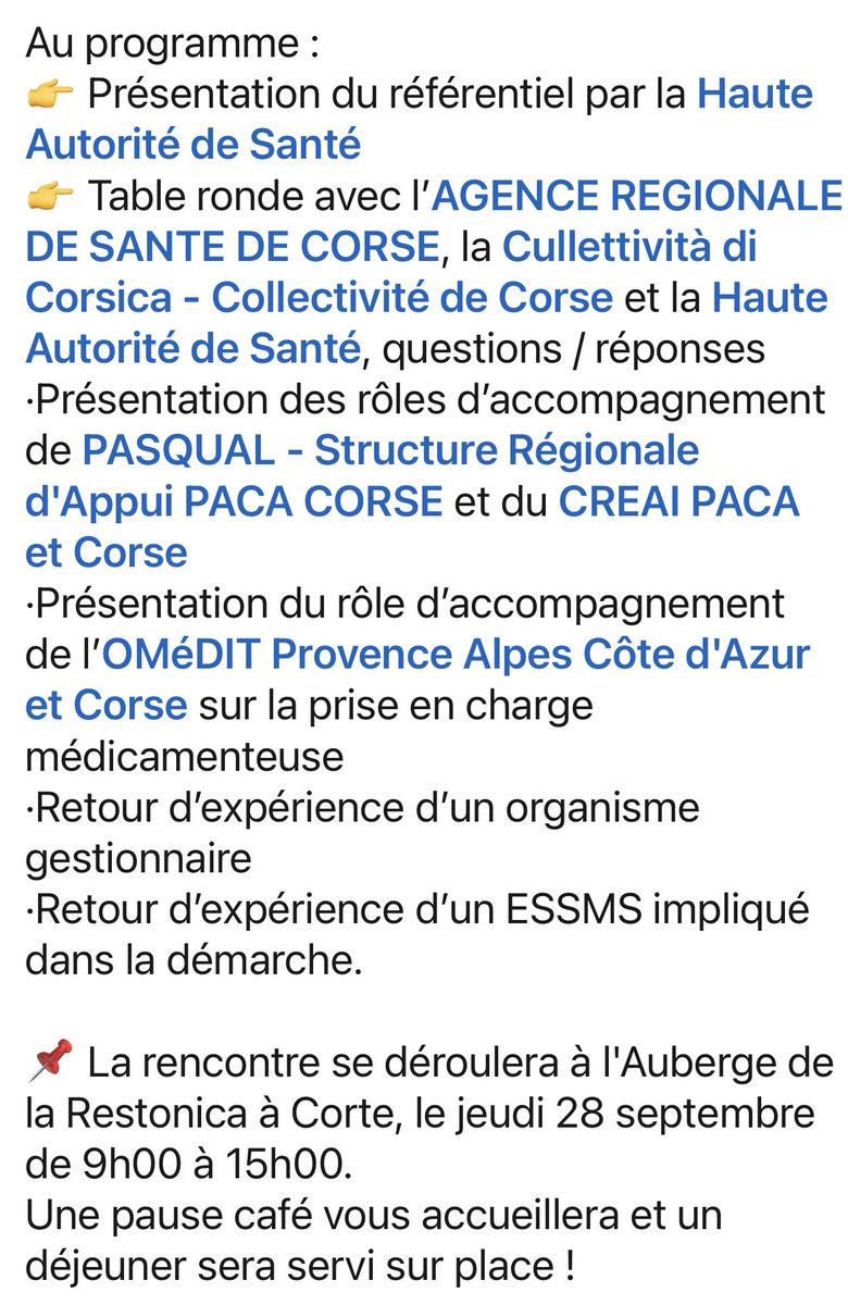 Directrices, directeurs et responsables qualité d'établissements etservices sociaux et médicosociaux en #Corse 🟢inscrivez vous à la rencontre sur le nouveau dispositif d'évaluation dela qualité avec #SRA_PASQUAL @HAS_sante @OmeditPacaCorse @IsulaCorsica @CreaiPacaCorse @mspella