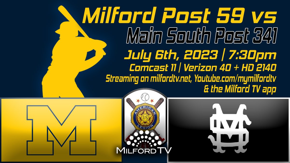 Our coverage of <a href="/mlbc59/">Milford (MA) Legion Baseball</a> continues tonight as they square off against <a href="/mainsouthpost/">MAIN SOUTH POST #341 Baseball Program</a> ! Catch the action starting at 7:30 on the Educational Channel/MTV HD, or stream the game via milfordtv.net or youtube.com/mymilfordtv