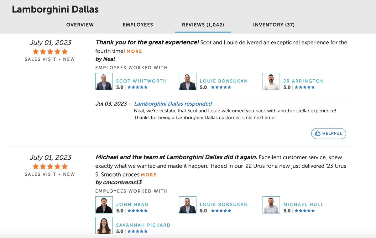 Thank you, Scot Whitworth, Louie Bonsukan, JR Arrington, Michael Hull, Savannah Pickard, and John Hrad, for your ongoing commitment to excellence at Lamborghini Dallas. We appreciate you!

Read more reviews at: dealerrater.com/dealer/Lamborg… LamborghiniDallas.com