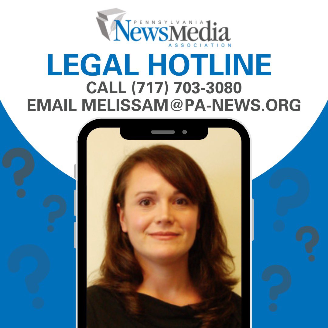 PA NewsMedia Assoc. (@pnanews) on Twitter photo Got burning questions about media laws? Need advice on public records? The PNA Legal Hotline is your go-to resource 📞
Contact in-house Attorney Melissa Melewsky: melissam@pa-news.org | (717) 703-3080 📲📧
#PNA #LegalHotline #ProtectYourRights #StayInformed Got burning questions about media laws? Need advice on public records? The PNA Legal Hotline is your go-to resource 📞
Contact in-house Attorney Melissa Melewsky: melissam@pa-news.org | (717) 703-3080 📲📧
#PNA #LegalHotline #ProtectYourRights #StayInformed