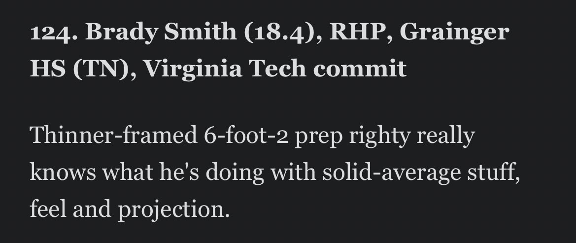 Rob Harvey (@robmharvey) on Twitter photo With the MLB Draft set to begin Sunday, <a href="/HighGrainger/">Grainger High Baseball</a>’s Brady Smith is No. 138 on MLB.com’s list of prospects and No. 124 on ESPN. With the MLB Draft set to begin Sunday, <a href="/HighGrainger/">Grainger High Baseball</a>’s Brady Smith is No. 138 on MLB.com’s list of prospects and No. 124 on ESPN.