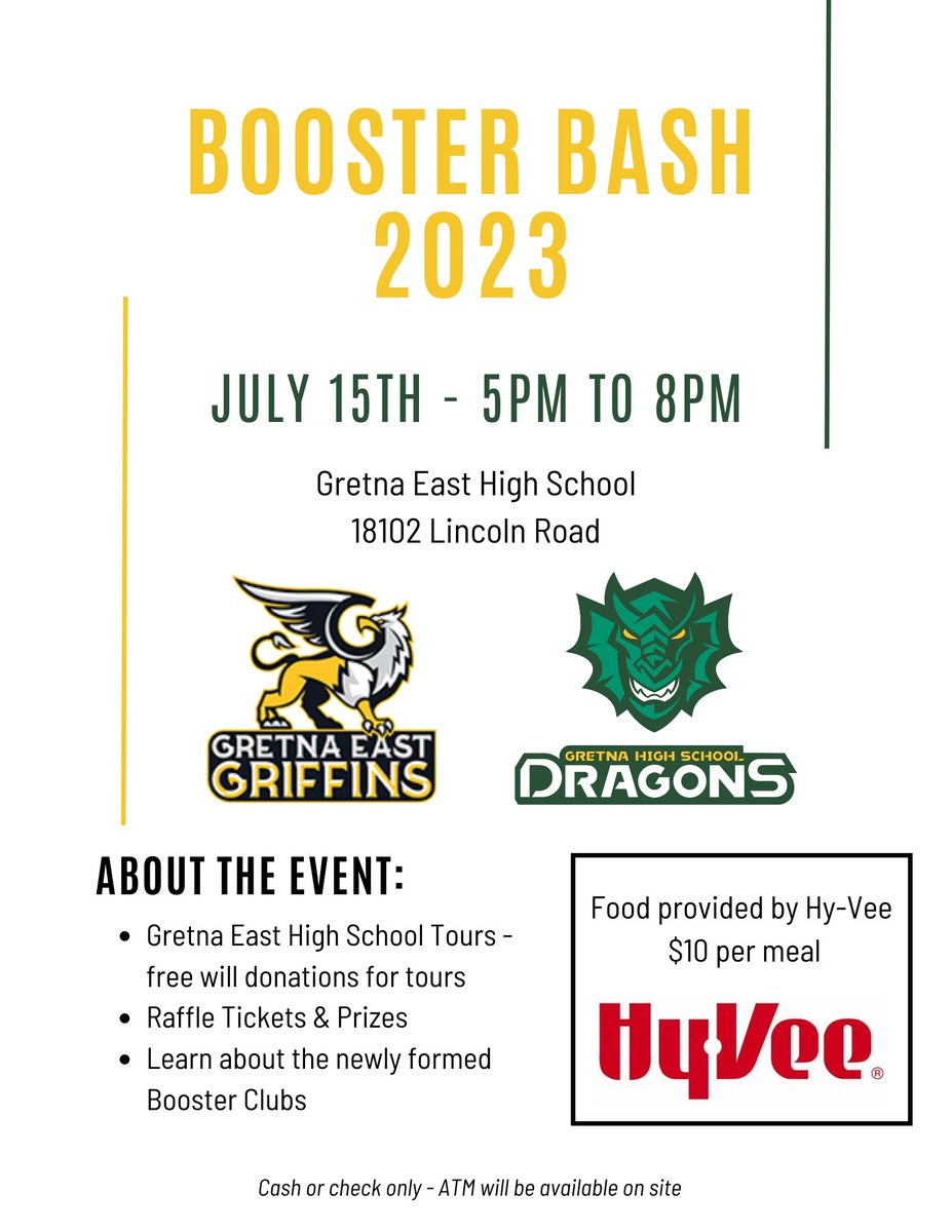GriffinsBooster's tweet photo. We are only 9 days from the 2023 Booster Bash! Please come out and join us &amp; @dragons_booster!

@hyveegretna burger/hotdog &amp; chips for $10
Tours of Gretna East High School w/ freewill donation
"Where's the Beef" raffle tickets
Gift basket raffles
Memberships
And Much More!!! https://t.co/ktcK7O57lZ
