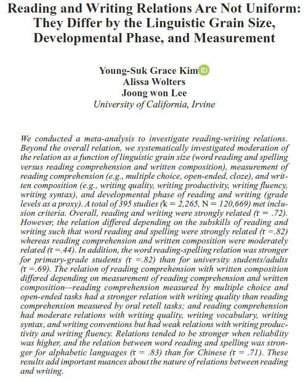 excited to share our work on reading-writing connections (open access): 'Reading and writing relations are not uniform: they differ by linguistic grain sizes, developmental phase, and measurement' doi.org/10.3102/003465…