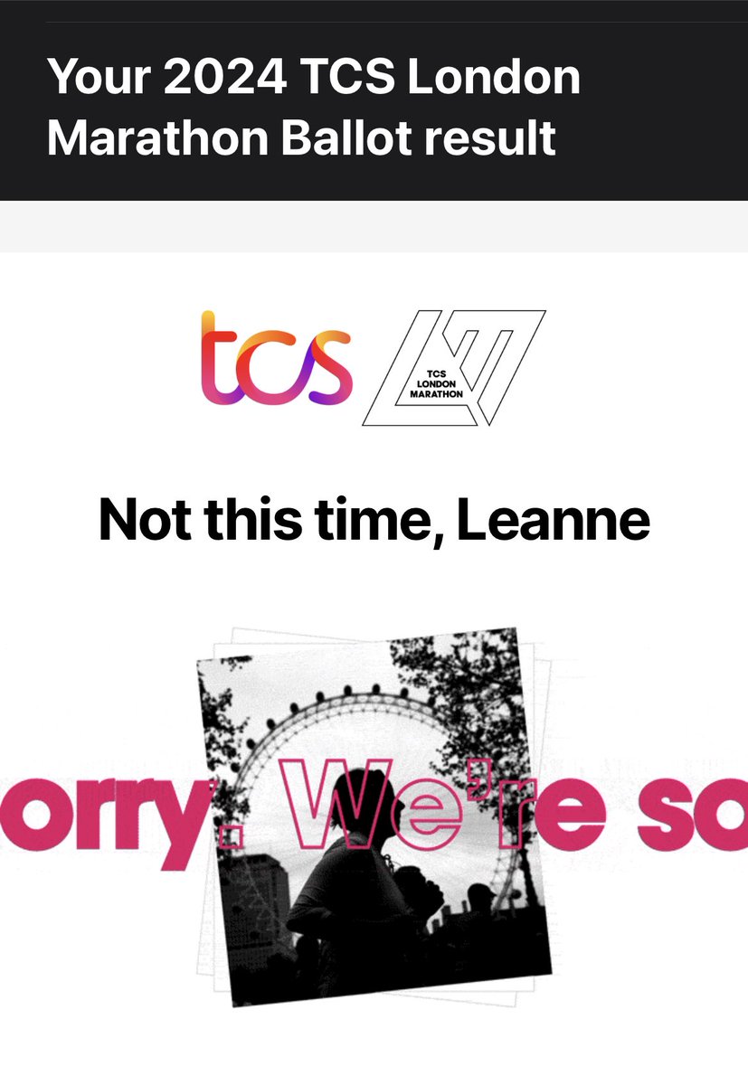 I just got my email 😞 not what I wanted to see <a href="/LondonMarathon/">TCS London Marathon</a> Gutted 🙄

Massive congratulations if you did get in you will love it 👏👏