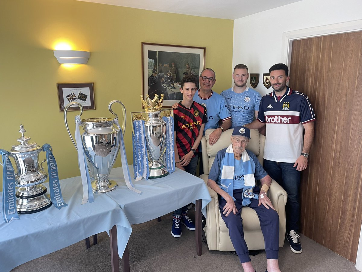 Thank you <a href="/ManCity/">Manchester City</a> for making an old man very happy. Taking all three trophies to dad’s care home ahead of his 103rd Birthday next month was a fabulous thing to do. It allowed four generations of City fans to celebrate together. #MCFC #ManCity #treblewinners #Champions
