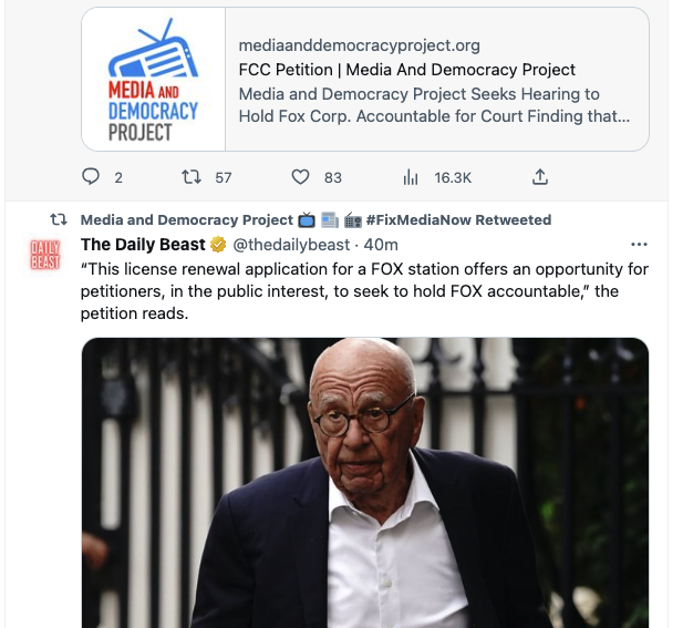 GoodFCCTakes's tweet photo. This petition is a #GoodFCCTake.

The Reagan admin expanded the number of news outlets Rupert Murdoch should own. It is DEFINITELY in the public interest to consider whether someone who knowingly aired lies should hold broadcast licenses. 
@rehundt has been on this recently! https://t.co/ZBg1kgjhWG