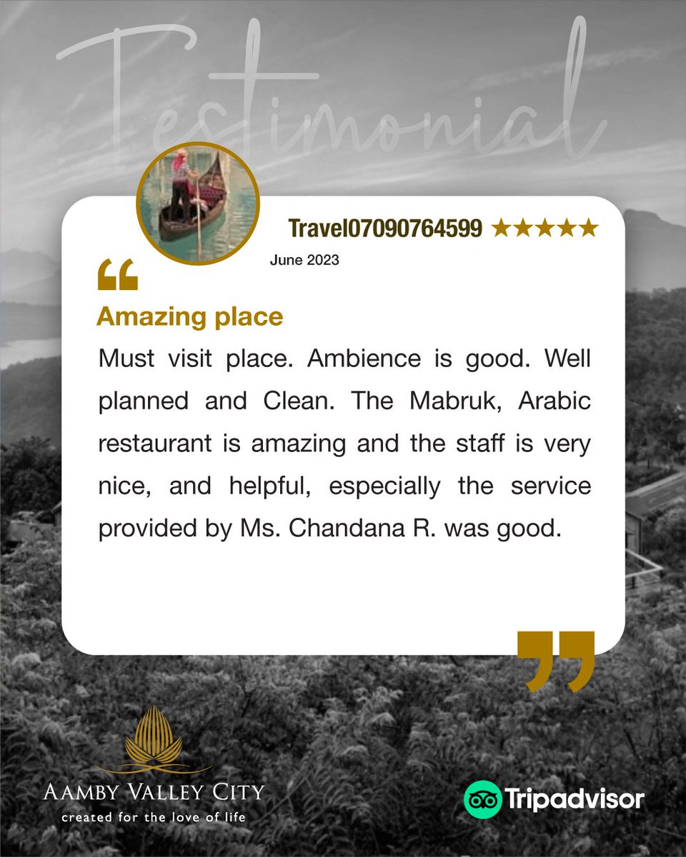 AambyV's tweet photo. We're thrilled to be your 'must visit' place and appreciate your kind words about Aamby Valley City's ambience and cleanliness, our Arabic restaurant Mabruk, and especially our staff member, Ms. Chandana R. Can't wait to welcome you back! #AambyValleyCity #GuestReviews #Mabruk https://t.co/ywtjdQfRFg