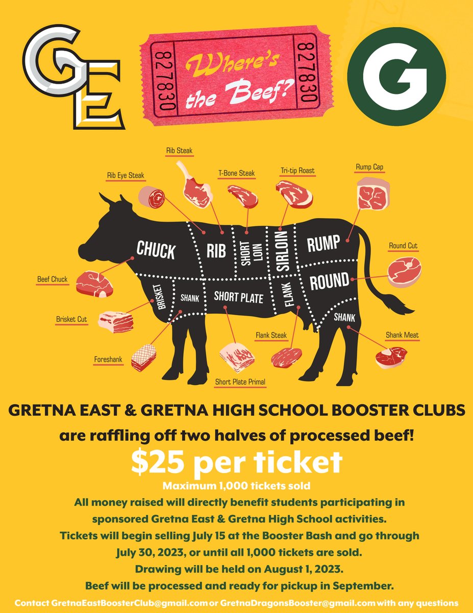 GriffinsBooster's tweet photo. We are only 9 days from the 2023 Booster Bash! Please come out and join us &amp; @dragons_booster!

@hyveegretna burger/hotdog &amp; chips for $10
Tours of Gretna East High School w/ freewill donation
"Where's the Beef" raffle tickets
Gift basket raffles
Memberships
And Much More!!! https://t.co/ktcK7O57lZ