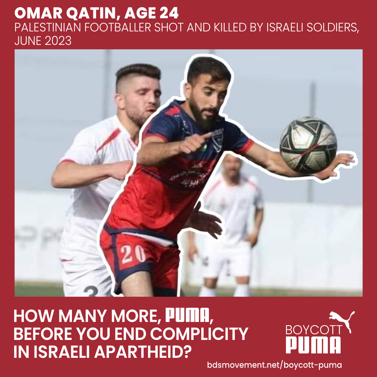 PACBI's tweet photo. Over the past weeks, apartheid Israel has incited settler pogroms against Palestinians and launched a military assault on the Palestinian refugee camp in Jenin.

Among the victims, footballer Omar Qatin (24).

This is what you sponsor, @PUMA.

#BoycottPUMA https://t.co/qCvkMGkCNQ https://t.co/ab9FnAT1Fa