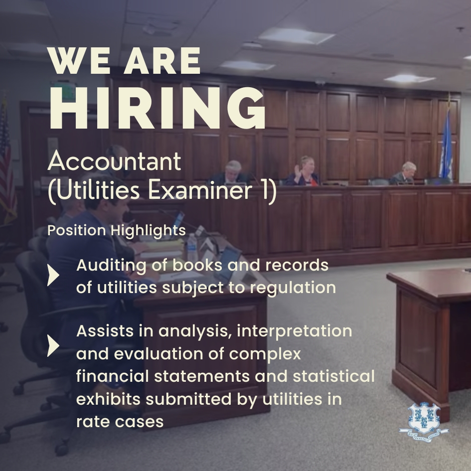 CT_PURA's tweet photo. PURA currently has an exciting opportunity for an accountant (officially known as Utilities Examiner 1) to join the Revenue Requirements Unit. 
 
Applications are due July 27. 
 
Learn more and apply. 
https://t.co/uttpQdfQcp https://t.co/20GmdvbGNa