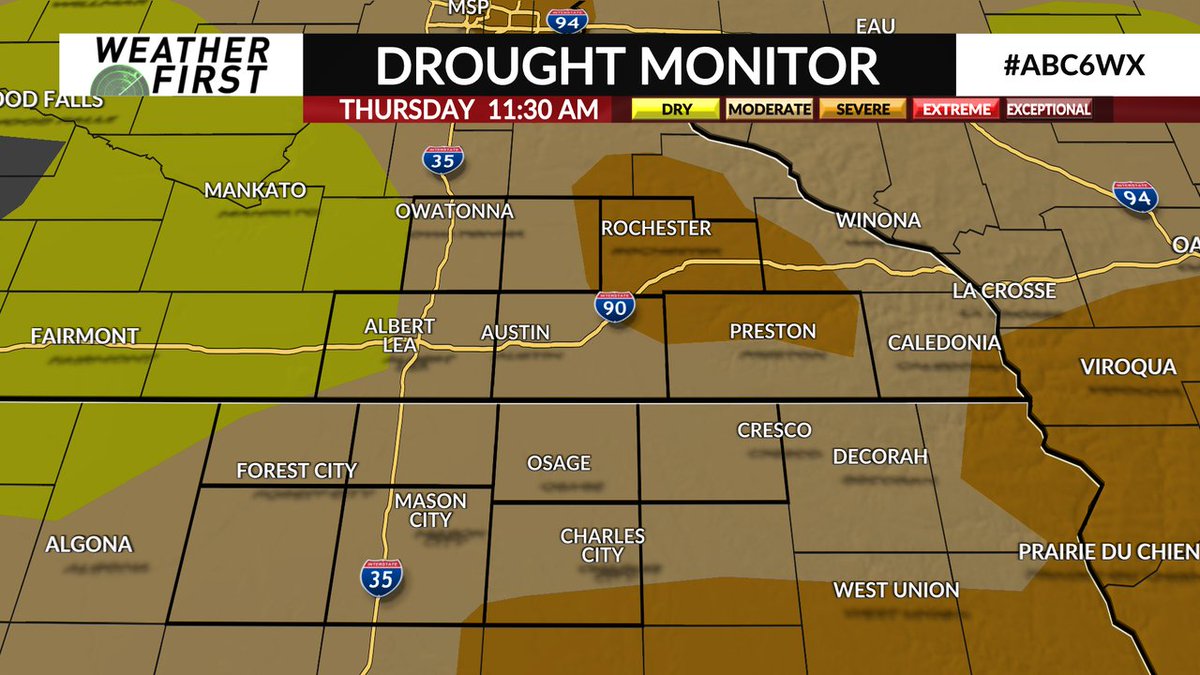 The new drought monitor shows 98% of Minnesota & 99% of Iowa now experiencing drought impacts! I'll show you if any rain is on the way in your Weather First full forecast! #abc6wx #MNwx #IAwx https://t.co/fsoZ775Phj