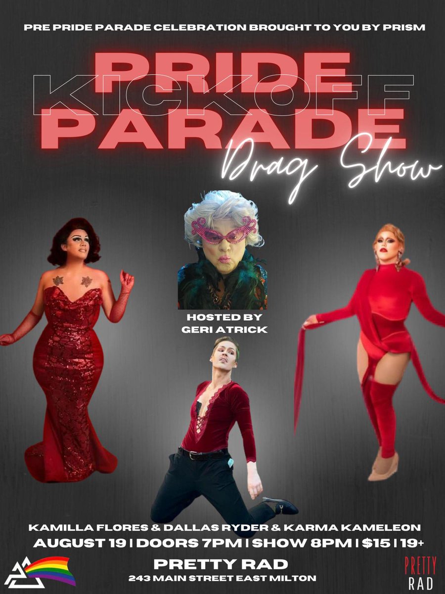 🌈🎟 Save the Date: August 19th 🎭
Join us for a sensational Drag Show at Pretty Rad in Milton! Featuring Kamila Flores, Dallas Ryder, and Karma Kameleon, this night will be an unforgettable celebration of talent and diversity. Tickets go on sale July 15!💃🎉
#haltonpride #drag