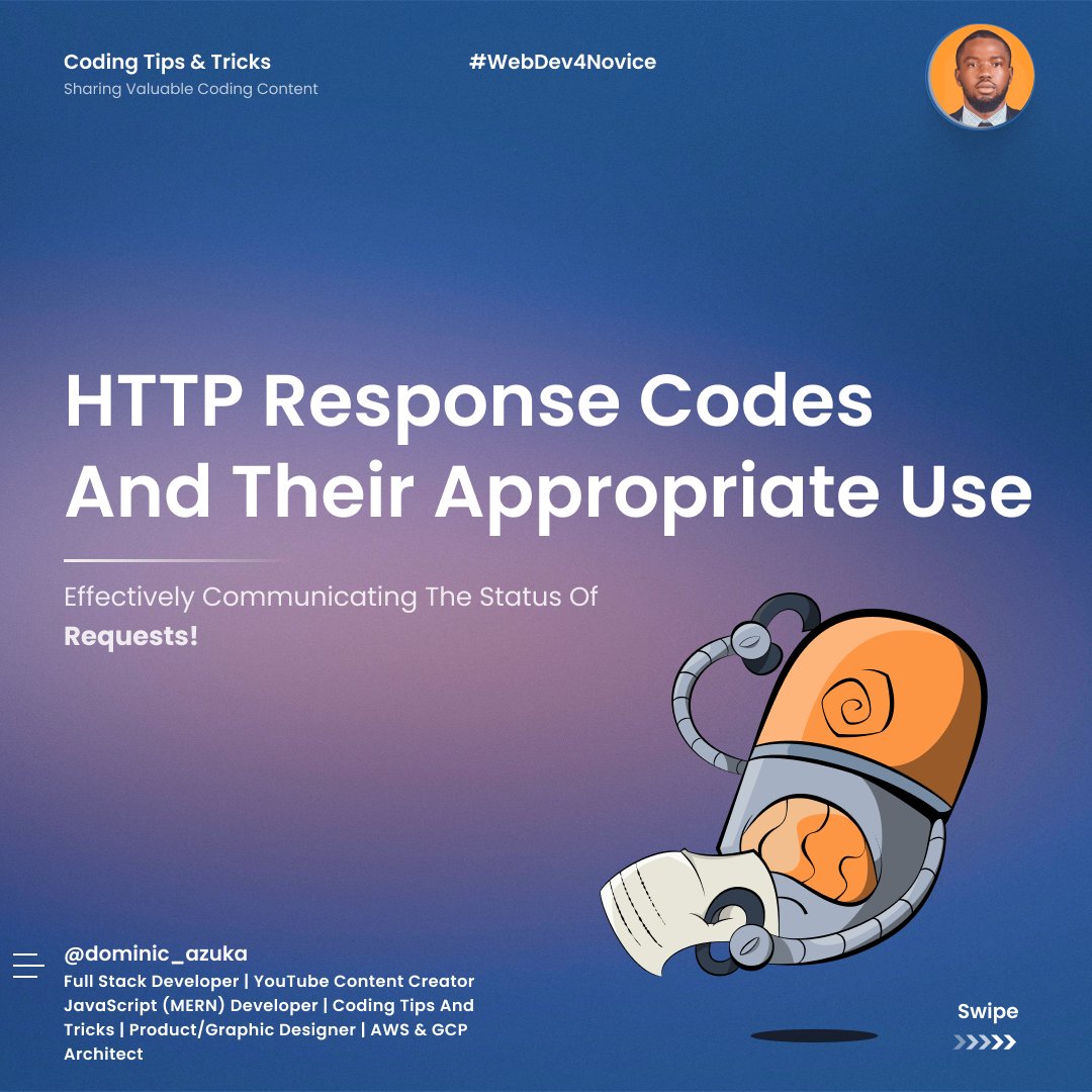 dominic_azuka's tweet image. Get ready to unravel the meaning of HTTP status codes! Join me on this enlightening post where we'll dive into the world of response codes. 
Remember you can check a more detailed list here: developer.mozilla.org/en-US/docs/Web…
Stay tuned! 
#HTTPStatusCodes #Introduction #TechTalks