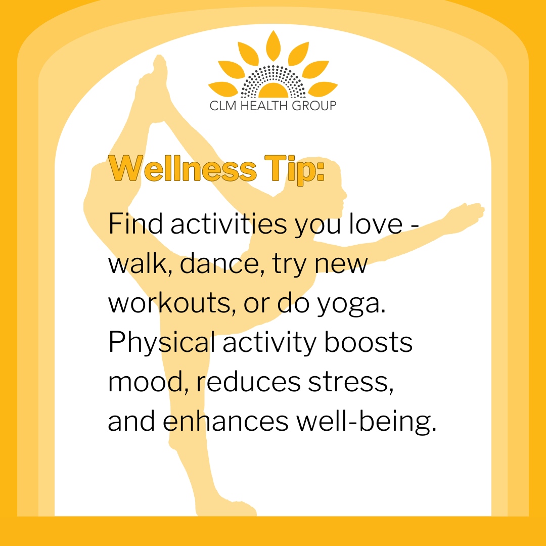 ClmHealth's tweet photo. Wellness Tip of the Day🤸‍♀️: Discover activities that bring you joy! Whether it's walking, dancing, trying new workouts, or practicing yoga, find what resonates with your soul. Physical activity not only boosts your mood but also reduces stress and enhances overall well-being. 🏋️‍♀️🧘‍♀️ https://t.co/7Mi8TXQcSL