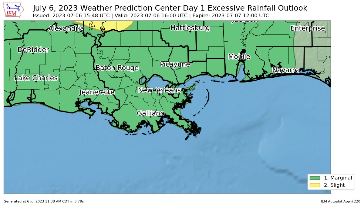 WPC issues Day 1 Slight Risk Excessive Rainfall Outlook at Jul 6, 15:48z for LIX wpc.ncep.noaa.gov/archives/web_p…