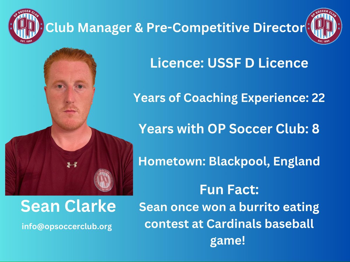 Introducing our NEW club manager Sean Clarke! He will oversee the daily operation of the club and be main point of contact. He will continue to be pre-competitive Director, a program that has continued to grow under his leadership! #clubmanager #opsoccerclub #customerservice