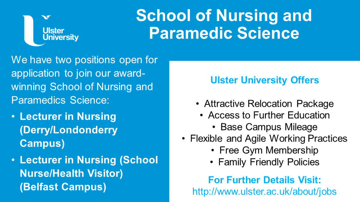 We have two new opportunities to join our award winning School of Nursing and Paramedic Science @UlsterUniSoNP @DebbieGoode5 @SMcilfatrick @WesternHSCTrust @NHSCTrust @BelfastTrust @SouthernHSCT @setrust @NIPEC_online @theRCN @CNO_NI