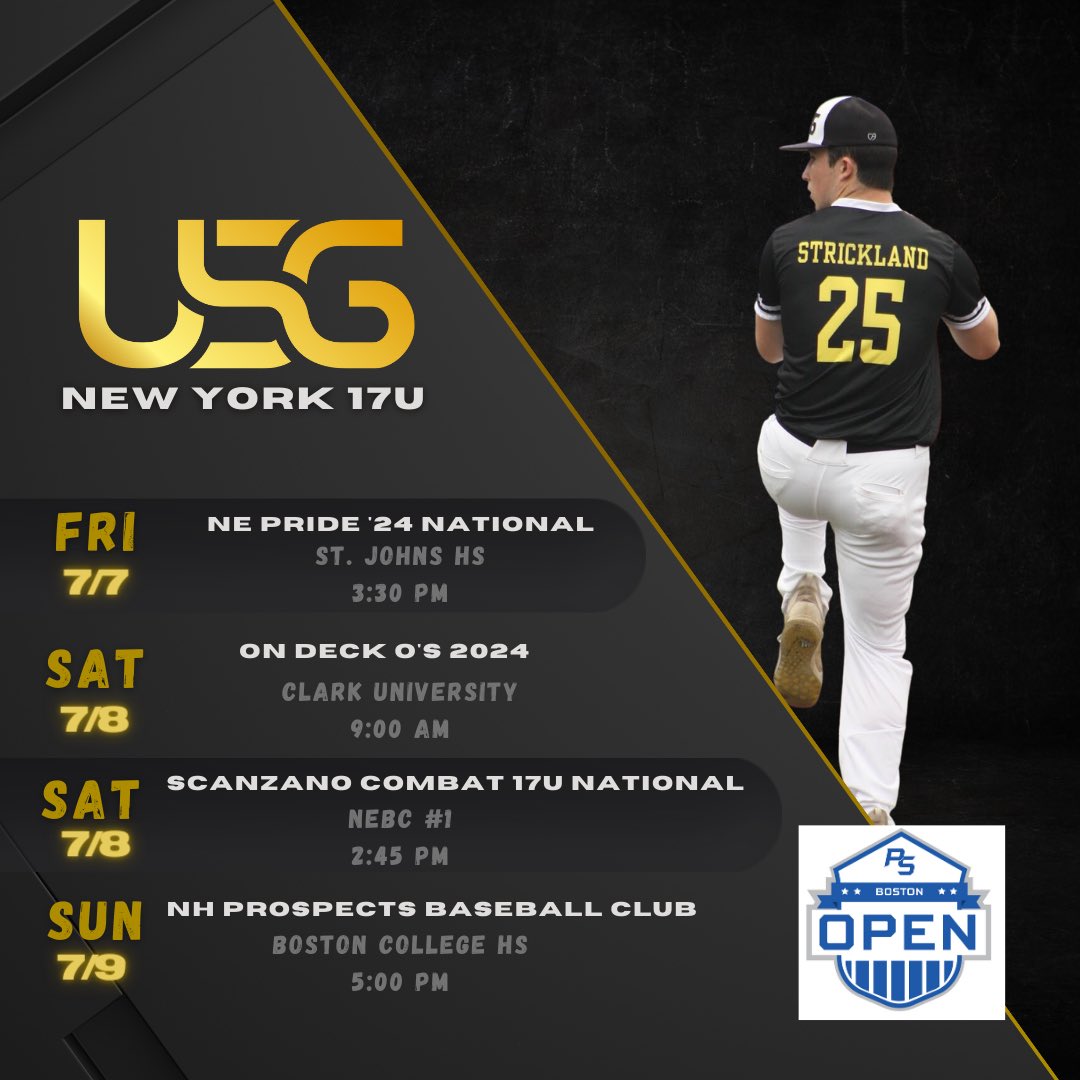 USG NY 17u <a href="/PSBaseballinc/">Prospect Select</a> Boston Open this weekend. <a href="/USG_Baseball/">Unleashed Sports Group</a> <a href="/CoachSorgie/">Cam Sorgie</a>