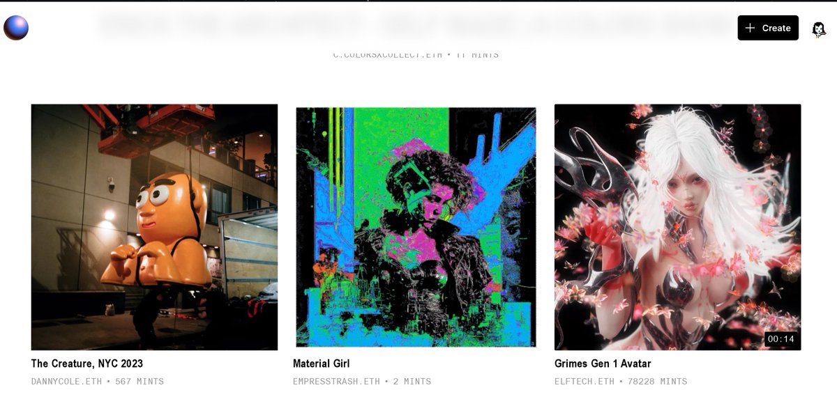 WTF I knew I was gonna be on the front page of <a href="/ourzora/">zora</a> with my drop, but I didn't know they were gonna put me right next to <a href="/Grimezsz/">𝖦𝗋𝗂𝗆𝖾𝗌 ⏳</a> - I'm literally freaking out rn seeing them next to each other. 

TYSM <a href="/zak_krevitt/">Zak Krevitt</a> for the love <3 <3 <3