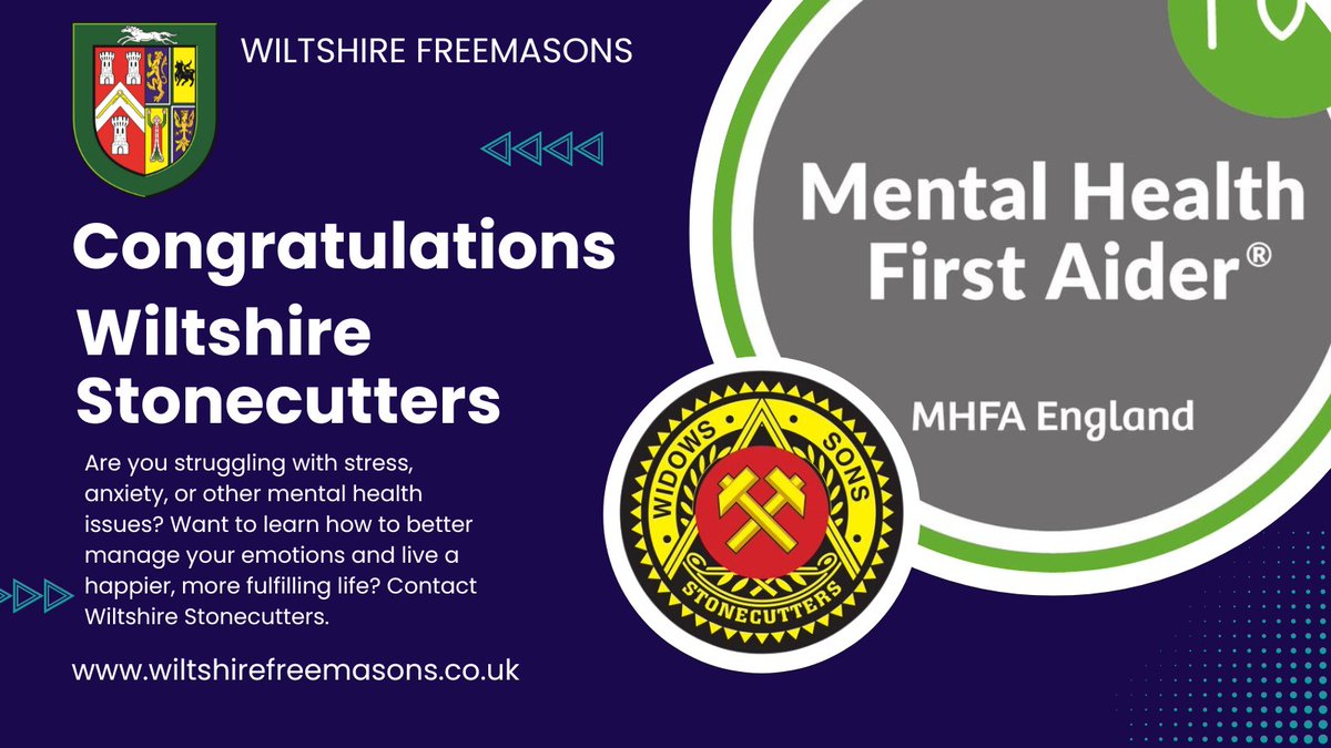 wiltspgl's tweet image. Wiltshire Freemasons are proud that members of @StonecuttersWS now have a number of fully trained Mental Health First Aiders. If you ever need to talk or would like confidential support one of their first aiders will make contact. @pgm_pglwilts #MentalHealthMatters #Freemasons