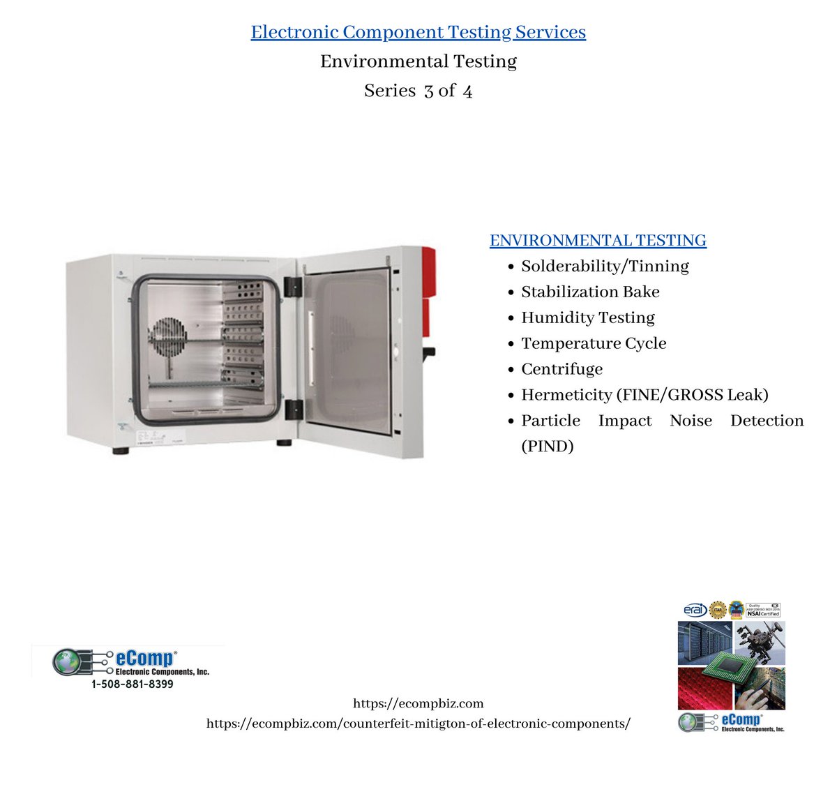e_componentsinc's tweet image. Electronic Component Testing Services - Environmental Testing - Series 3 of 4 
Contact eComp at 508-881-8399 or info@ecompbiz.com
 to find out more... ecompbiz.com #eComp #semiconductors #counterfeitmitigation
“Extending the Life of Your Legacy Systems”
