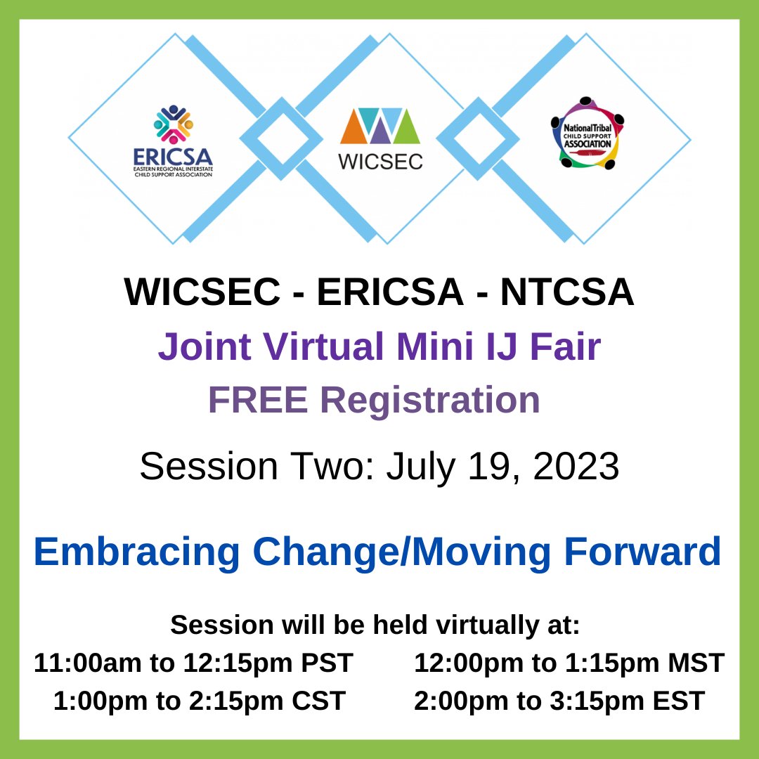 Don't miss WICSEC, ERICSA, and NTCSA's next IJ Fair! IJ Fairs were launched with the purpose of meeting other CS workers who specialize in intergovernmental cases, making connections, exchanging contact info, and learning best practices. 

Register now!  conta.cc/44vXB4W
