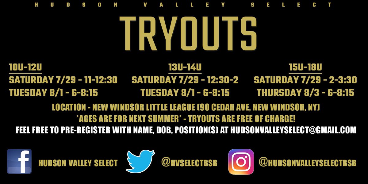 Hudson Valley Select Baseball (@hvselectbsb) on Twitter photo IT’S TIME FOR NEXT YEAR’S TRYOUTS! Check out the information for all of our upcoming tryouts for each age group!
If you have any questions or need extra information, feel free to reach out to any of our social media channels or via email at hudsonvalleyselect@gmail.com IT’S TIME FOR NEXT YEAR’S TRYOUTS! Check out the information for all of our upcoming tryouts for each age group!
If you have any questions or need extra information, feel free to reach out to any of our social media channels or via email at hudsonvalleyselect@gmail.com