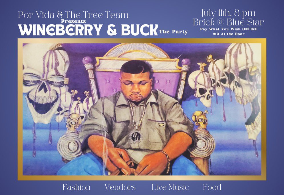 tues july 11th @ brick at blue star arts complex in san antonio texas, <a href="/thetreeteam_/">the 🌳 team</a> and i will be hosting a party w djs, vendors, food, fashion, and a performance of our latest project ‘wineberry &amp; buck’ 

$10 at the door or pay what u want online below