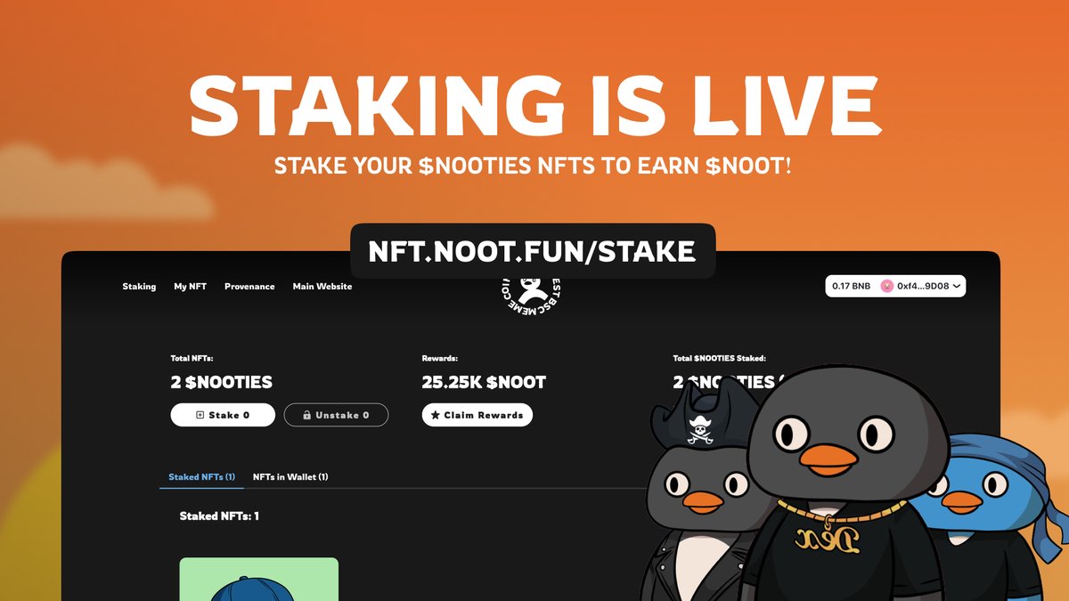 📢 $NOOTIES Staking is Now Live!

Go ahead and stake your $NOOTIES to earn $NOOT on 🔗 nft.noot.fun/stake

The rarer your NFT, the more $NOOT it will bring!

🚀 MemeFi for everyone! 🌟