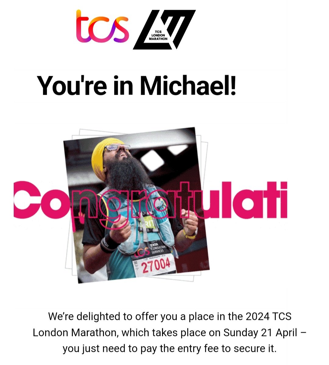 michaelyatesjbs's tweet photo. @LondonMarathon I must be one of the lucky ones. 2nd ballot entry in 8 years. Good luck to everyone still waiting. 🍀🤞🙏 https://t.co/mmUPyCXCQd