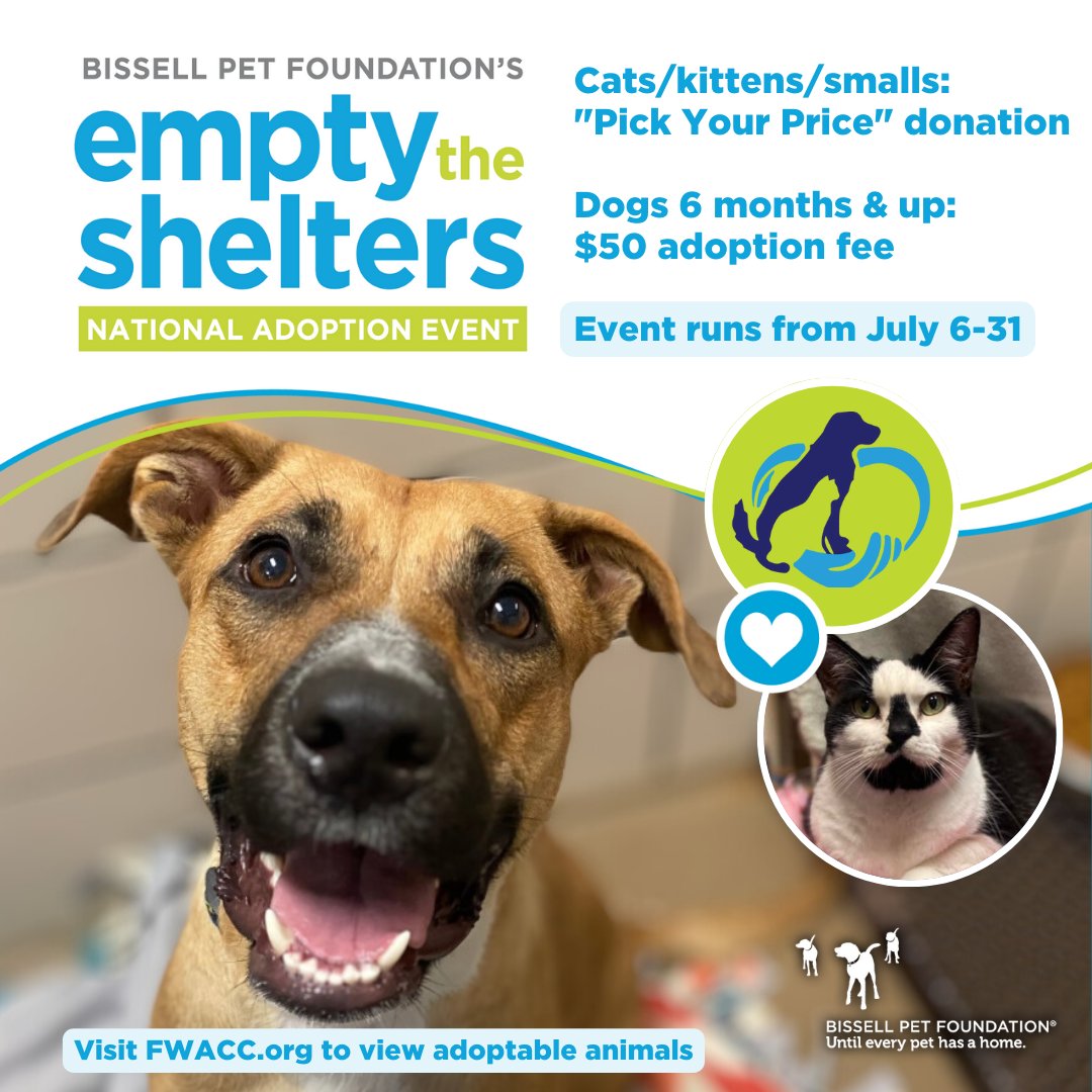 FWAnimalControl's tweet image. Join us for the month of July for reduced adoption fees thanks to @BISSELLPets in collaboration with @MetLife  Pet Insurance! 

You can view all adoptable animals on our website: cityoffortwayne.org/adopt.html

#Adopt #FortWayne #EmptytheShelters