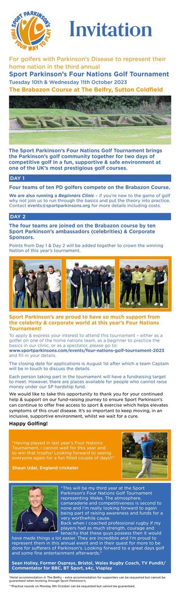 SportParkinsons's tweet image. 🚨 CALLING ALL PD GOLFERS 🚨

Applications are now being taken to be part of the 2023 Four Nations Golf Tournament!

This is the third edition of our hit annual competition, taking place at the Belfry between the 10th and 11th October.

Register to play 👇
sportparkinsons.com/events/four-na…