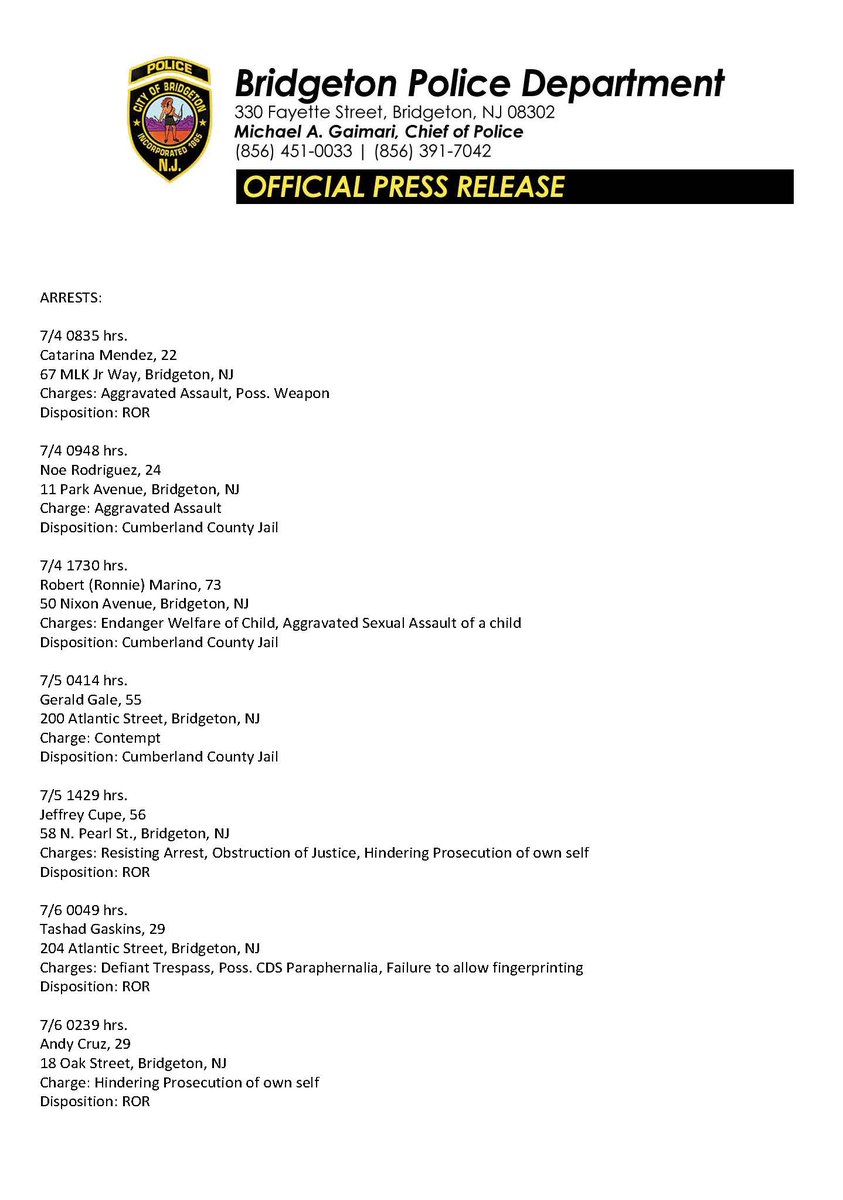 BridgetonPD's tweet photo. Press Release 07/04/2023 to 07/06/2023 https://t.co/srQ3PThE2o